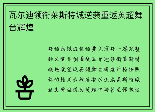 瓦尔迪领衔莱斯特城逆袭重返英超舞台辉煌